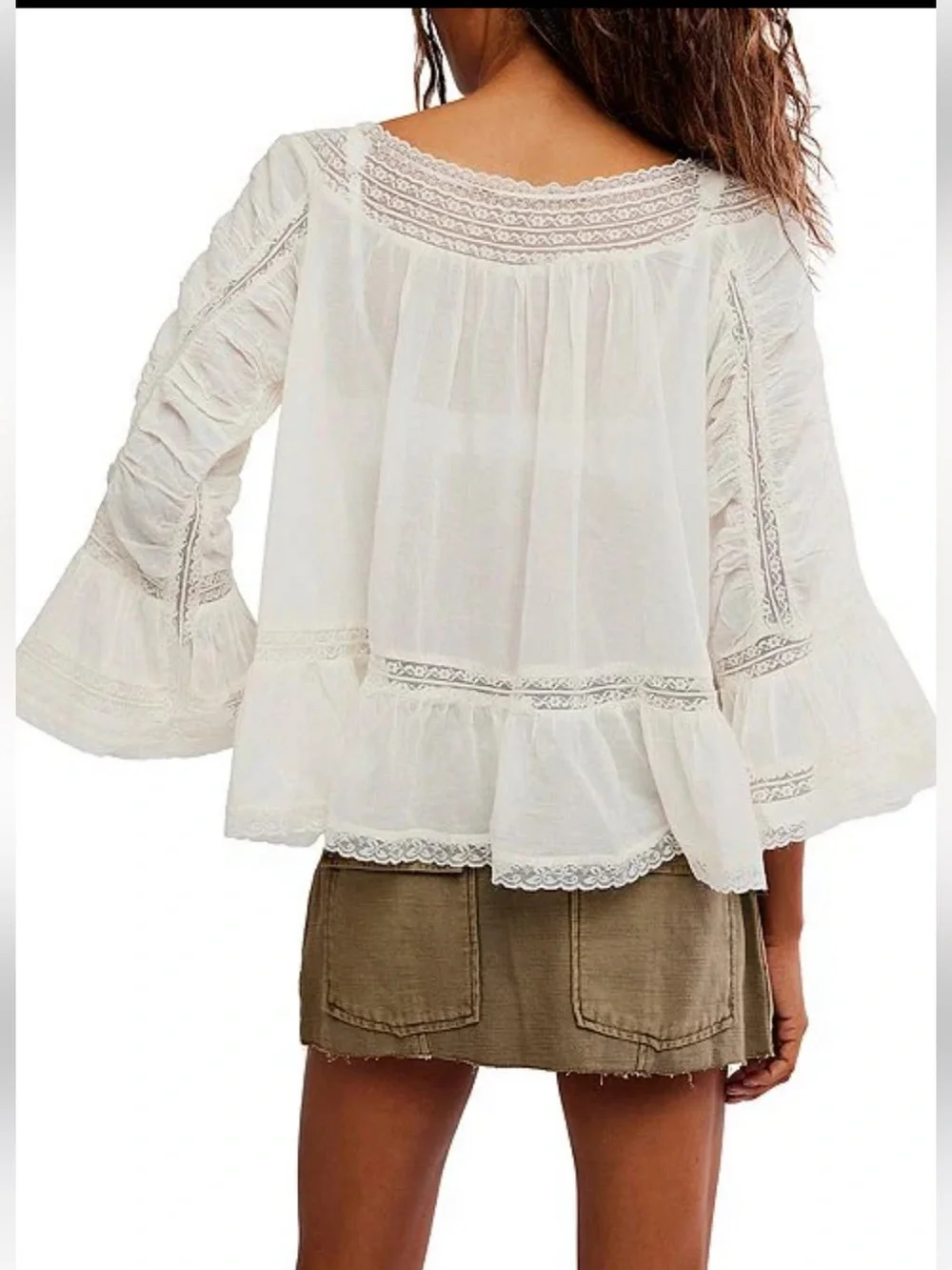 NWT🌷(M) Free People She’s a Romantic Boat Neck Bell Sleeve Lace Paneling Blouse